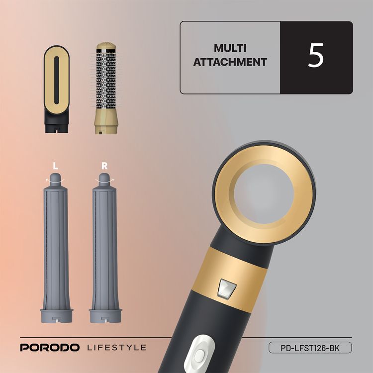 مجفف شعر متعدد التصفيف من بورودو لايف ستايل مع 5 أمشاط تجفيف، 3 أوضاع لتدفق الهواء، قوة 600 واط، أيونات سالبة لمنع التجعد، 3 إعدادات للتحكم في درجة الحرارة - أسود