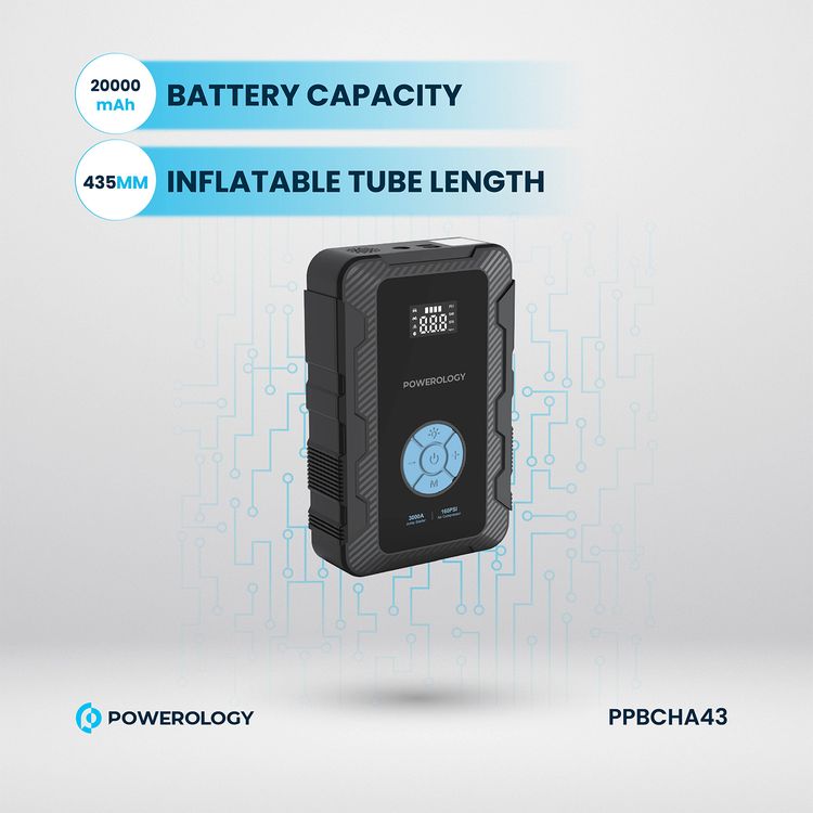 ضاغط هواء Powerology 20000mAh Power Bank Jump Start، أقصى وقت شحن 7.0±1.0 ساعة، PD 45 وات، ذروة التيار 3000 أمبير، محرك سعة 8 لتر - أسود 
