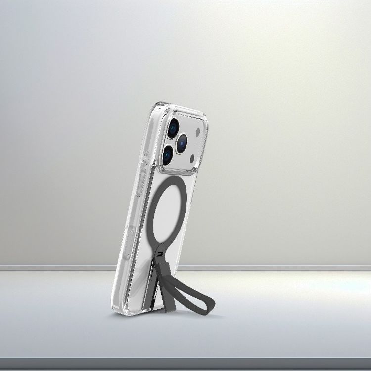 Levelo Spira MagSafe Clear Grip Case for iPhone 17 Pro Max, Strong Magnets, Horizontal & Vertical Viewing, Shock-Resistant Bumper, Anti-Scratch, 360° Rotating Metal Kickstand - Phantom Black