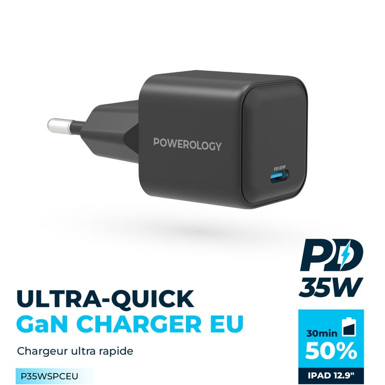شاحن Powerology 35W Ultra-Quick GaN مع قابس الاتحاد الأوروبي، منفذ إخراج USB-C، شحن سريع، تصميم محمول ومضغوط، حماية مدمجة، مدخل 100-240 فولت - أسود