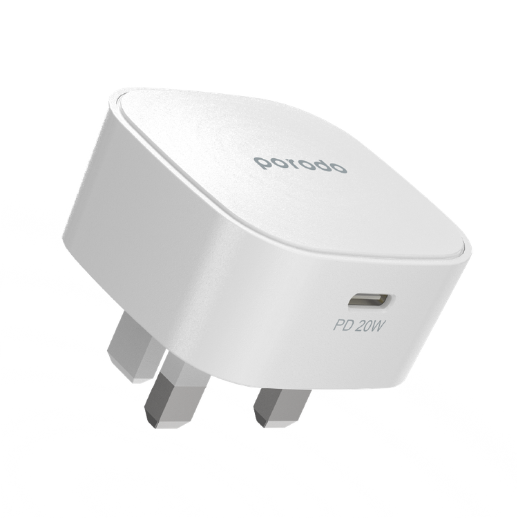 Porodo USB-C Adapter, Super-Compact Fast Wall Charger Power Delivery 20W UK with Built-in Protective Mechanism, Compatible for iPhone 12 Pro Max, 12 Pro/12, 12 Mini, 11 Pro Max
