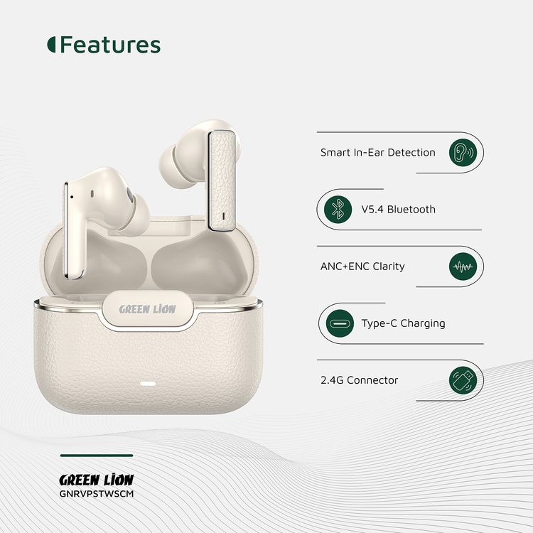 Green Lion River Plus True Wireless Earbuds with ANC + ENC Clarity, 2.4G Connector Included, Up to 7 Hours of Playtime, Smart in-Ear Detection, Bluetooth Version 5.4, -42dB Noise Reduction, 35 Hours Standby Time - Cream
