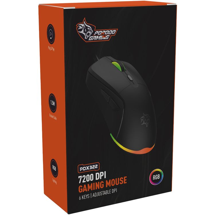 Porodo Gaming Wired Mouse with RGB Light, 7200 DPI, 3 Million Clicks Switch Life-time, 6 Programmable Buttons, 1.5m Braided Cable, 125Hz Polling Rate, Instant 725F Chip - Black