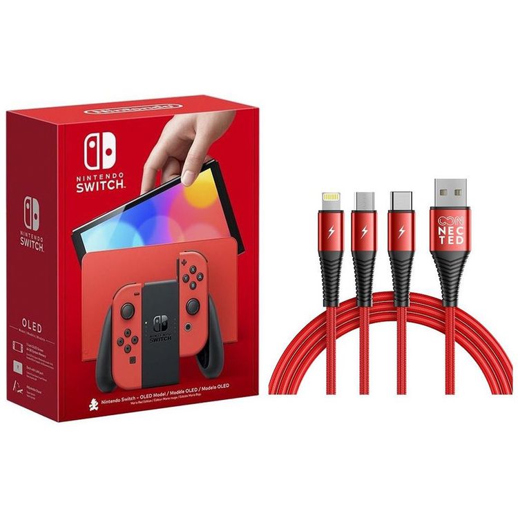 نينتندو سويتش OLED - وحدة تحكم إصدار ماريو ريد + USB سميك 3 في 1 متصل - أحمر