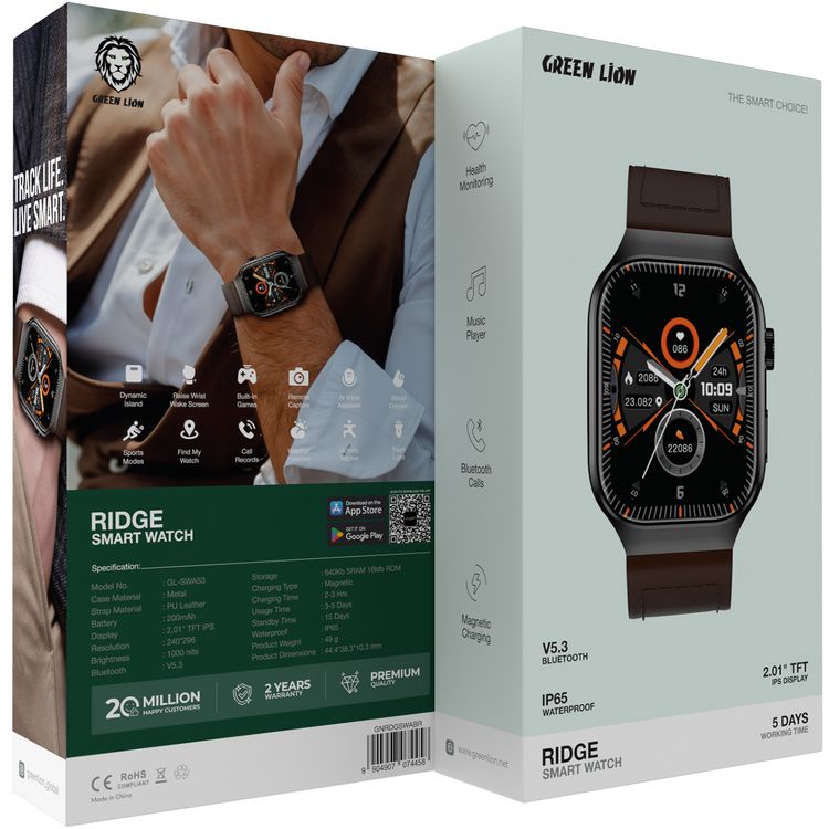 Green Lion Ridge Smart Watch with Magnetic Charging, Bluetooth Calls, Music Player, Health Monitoring, Metal Case Material, PU Leather Strap Material - Black / Brown