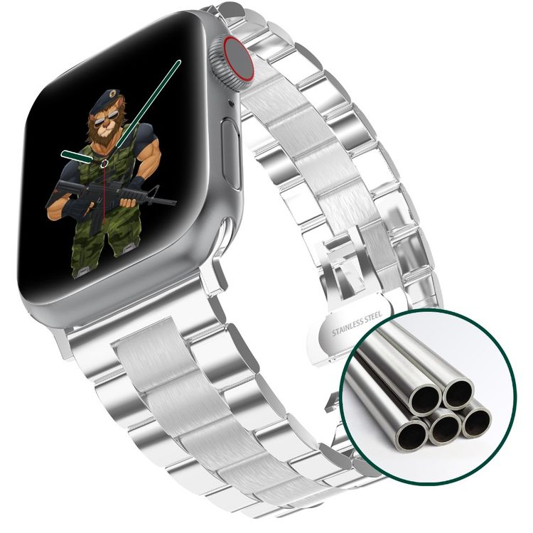 Green Lion Metallic Acero Correa Watch Strap for Apple Watch 42/44mm, Stainless Steel Material, Comfortable Fit, Easy Installation, Adjustable Metal Link Strap - Silver