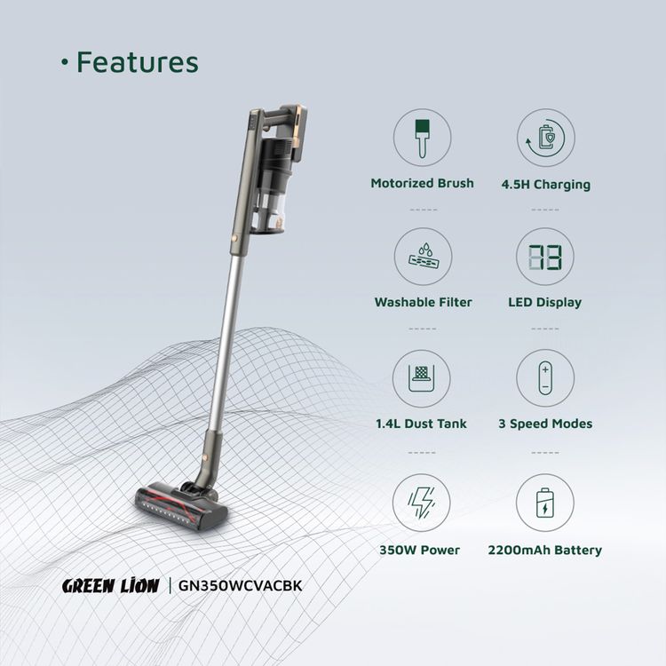 Green Lion Turbo Pro Vacuum Cleaner with 1.4 L Dust Tank Capacity, Up to 45 Minutes Working Time, 4.5 Hours Charging Time, 2200mAh Battery Capacity - Black