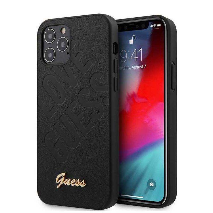 CG MOBILE Guess PU Iridescent "LOVE" Debossed Phone Case with Metal Logo Compatible for iPhone 12 / 12 Pro (6.1") Drop Protection Mobile Case Officially Licensed - Black