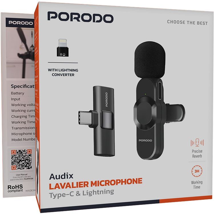 Porodo Audix Lavalier Microphone with Type-C & Lightning Connectoer, Up to 3 Hours Working Time, 1 Hour Charging Time, 40mAh Battery Capacity, Instant Wireless Setup, Auto Pairing Technology, Precise Reverb - Black