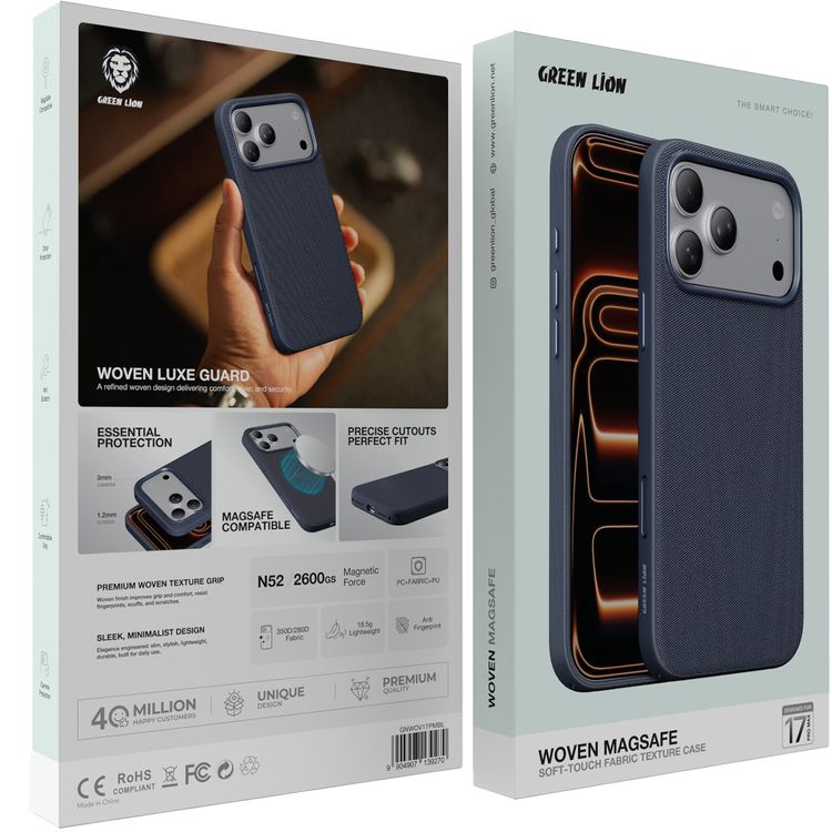 Green Lion WOVEN MagSafe Case for iPhone 17 Pro Max, Anti-Scratch, Drop Protection, Comfortable Grip, Anti-Fingerprint, Essential Protection, Precise Cutouts, Perfect Fit, 350D/280D Fabric - Blue