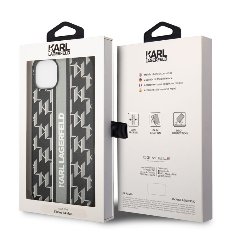 Karl Lagerfeld Grained PU Leather Case with Monogram Pattern & Vertical Logo Compatble iPhone 14 Compatibility - Gray