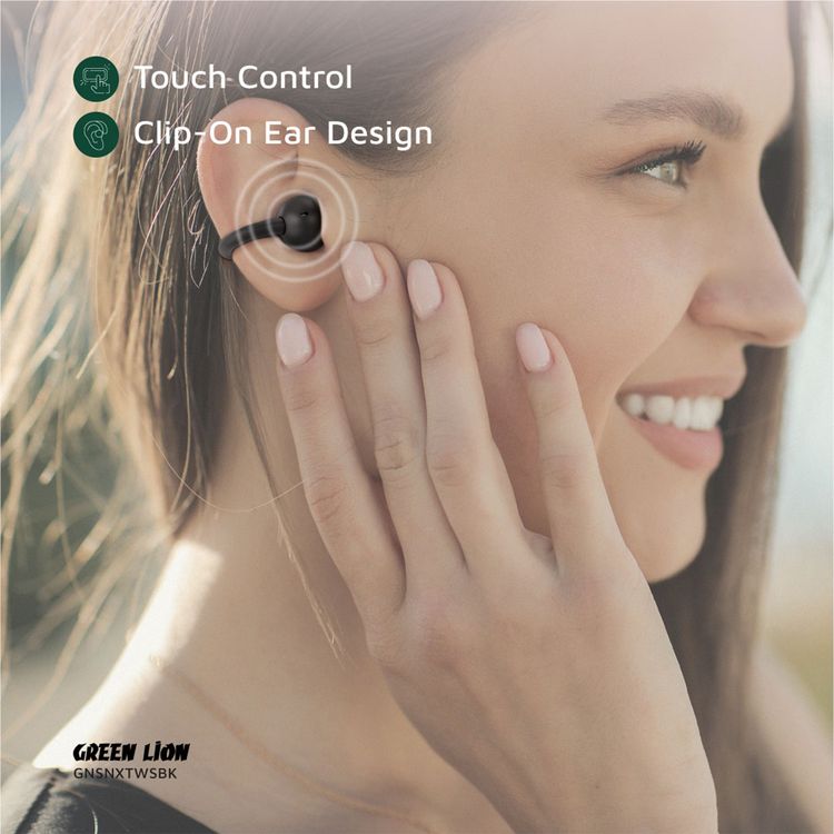 Green Lion Sonix Clip On Earbuds with Environmental Noise Cancellation, Up to 6 Hours of Playtime, 10m Transmission Range, IPX5 Waterproof Rating, Touch Control - Black