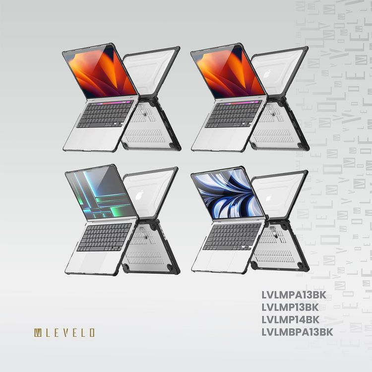 Levelo Espectro Case for MacBook Air 13.3" (2018-2020), 360° Full Protection, Foldable Stand Design, Built-in Air Vents, Shock-Proof Edges, Easy Installation & Removal - Black
