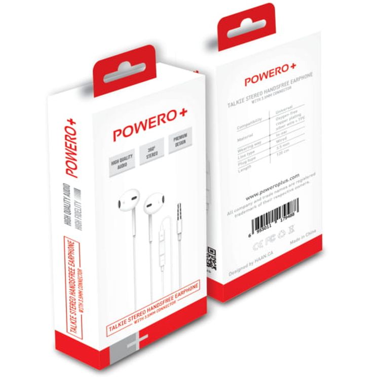 Powero+ Talkie Stereo Earphones with 3.5mm Connector | Wired Headset - White