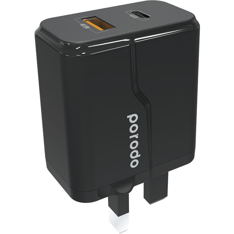 Porodo Dual Port Wall Charger with Type-C to Lightning Cable, 20W Power Delivery, QC 18W, Fire Retardant Material, Overcurrent Protection, UK 3-Pin Plug, Built-in Protective Mechanisms - Black
