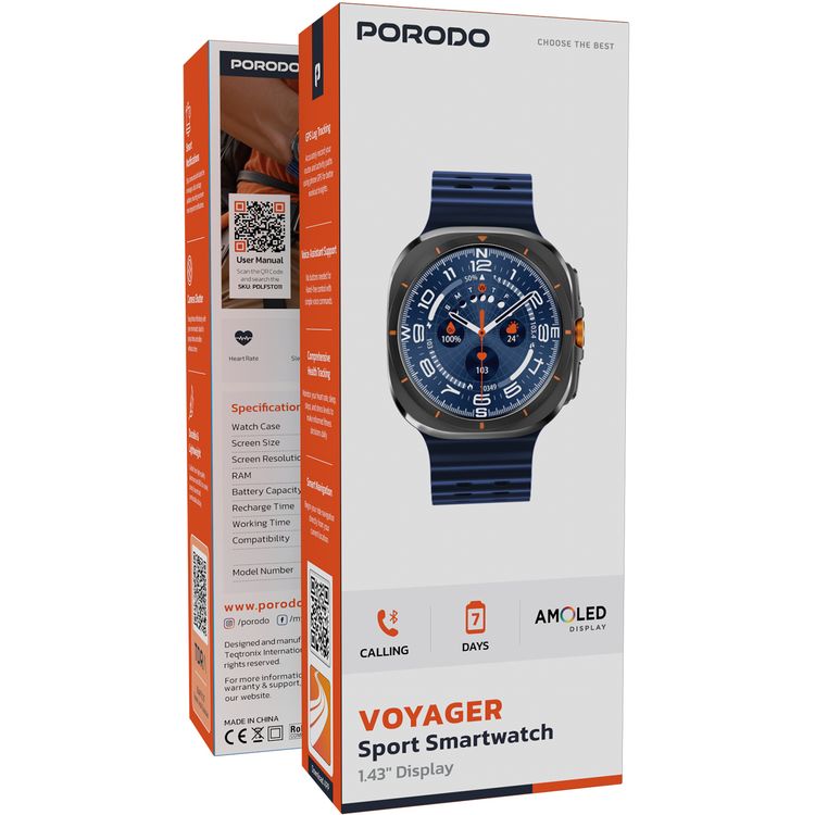 Porodo Voyager Sport Smart Watch with Extra Strap, 1.43" AMOLED Screen, Up to 7 Days Working Time, Compatible with Android 5.0 & Above, iOS 10.0 & Above, Health Tracking, Voice Assistant Support, Smart Notifications, GPS Log Tracking - Blue