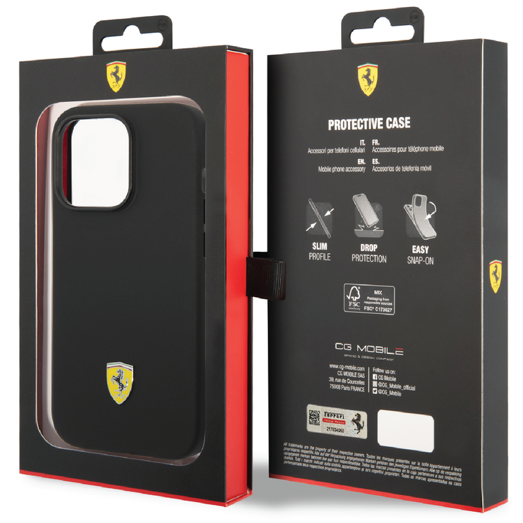 Ferrari Liquid Silicone Case with Black Camera Outline & Metal Logo iPhone 14 Pro Compatibility - Black