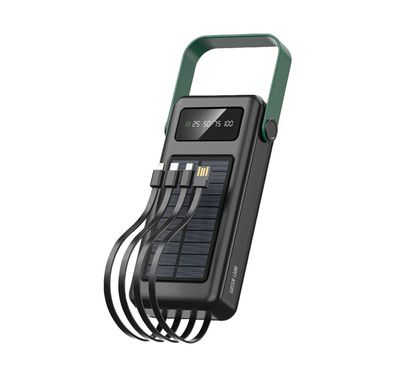 باور بانك Green Lion Solar Max بسعة 30000 مللي أمبير في الساعة مع شاشة رقمية ولوحة شحن تعمل بالطاقة الشمسية ومخرج Type-C/Micro/Lightening/USB-A وخفيف الوزن وقابل للحمل و4 كابلات مدمجة - أسود