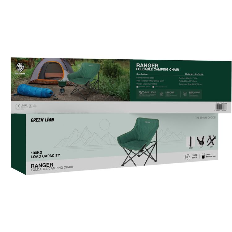 كرسي تخييم قابل للطي من جرين ليون رينجر مع حقيبة حمل، إطار فولاذي ومقعد من قماش أكسفورد 600D، قاعدة مقاومة للانزلاق، دعم بإطار X، قدرة حمل تصل إلى 100 كجم، إعداد سريع - أخضر