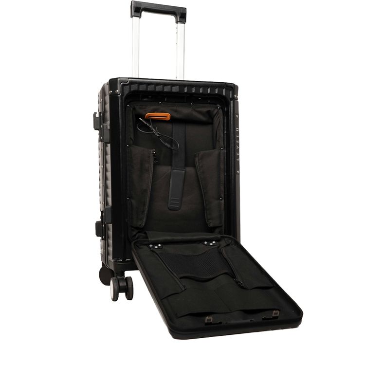 Levelo RoamRollers Travel Luggage with an Aluminum Body, USB-A & USB-C Output, Metal Corner Protection, Front Pocket Compatible with Up to 15.6" Laptop, Phone Holder and Cup Holder, Silent Spinner Wheels - Black 