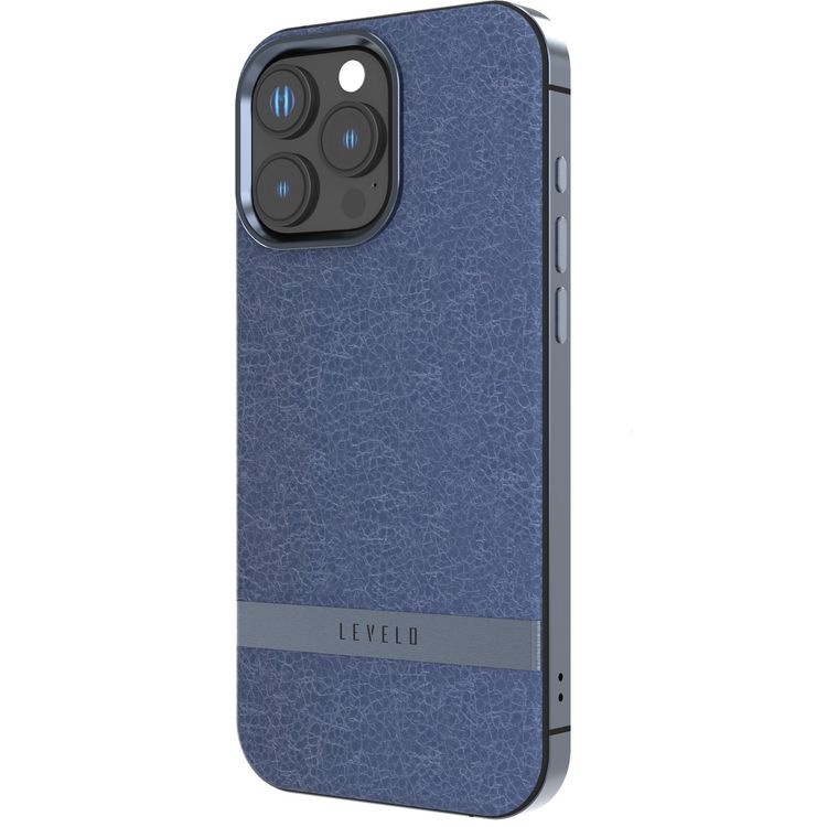Levelo Pelle Leather Case for iPhone 16 Pro Max with Aluminum Bumper, Impact Resistant Corners, MagSafe compatibility, Lightweight & Slim Profile - Blue