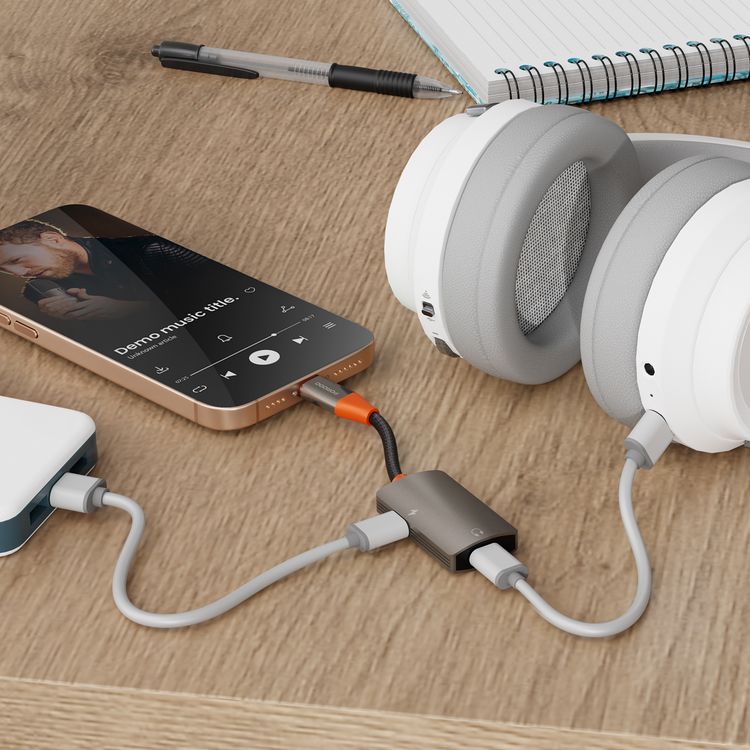 Porodo AudioLink Duo USB-C Interface Splitter, 9cm Cable Length, Braided Nylon with Aluminum Shell Material, 60W Power Delivery, Charge & Listen Simultaneously, Tangle-Free Design, Plug & Play - Black / Orange