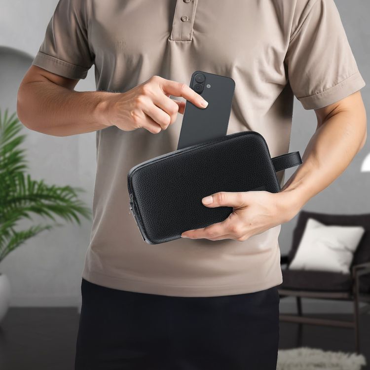 Green Lion Lyon Plus Fingerprint Bag with Leather Strip & LED Indicator, 120mAh Battery Capacity, 10 Fingerprint Capacity, Water Resistant, 6 Months Standby Time, Multiple Pockets, Capacitive Sensor, Durable Zippers - Black