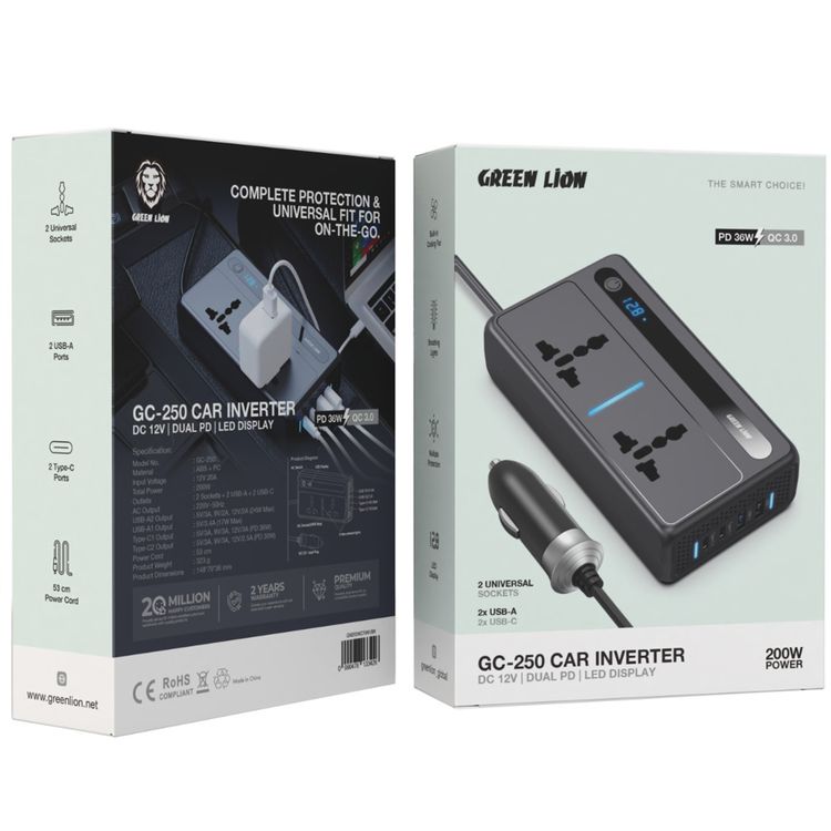 Green Lion GC-250 Car Inverter with 200W Power, Built-in Cooling Fan, LED Display, 2 Universal Sockets, Breathing Lights, 53cm Power Cord, Multiple Protection - Black