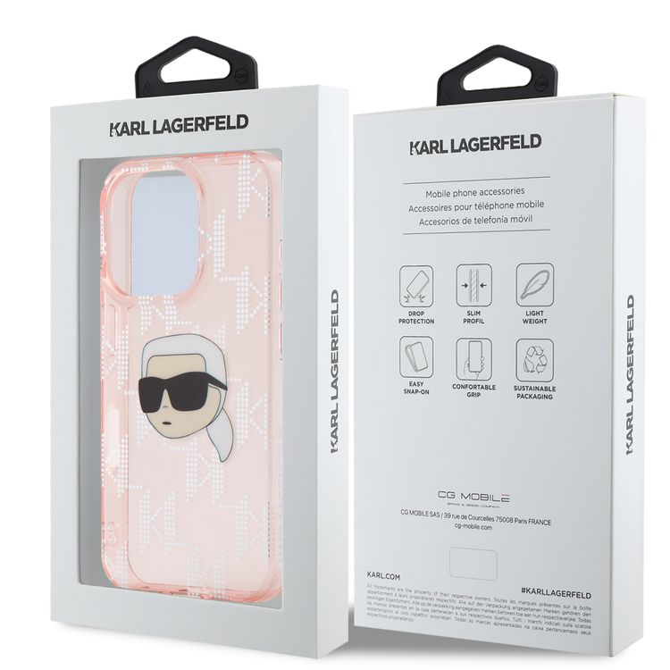 جراب Karl Lagerfeld IML الصلب مع تصميم Karl Head &amp; Monogram مطلي بالكهرباء لهاتف iPhone 16 Pro - وردي 