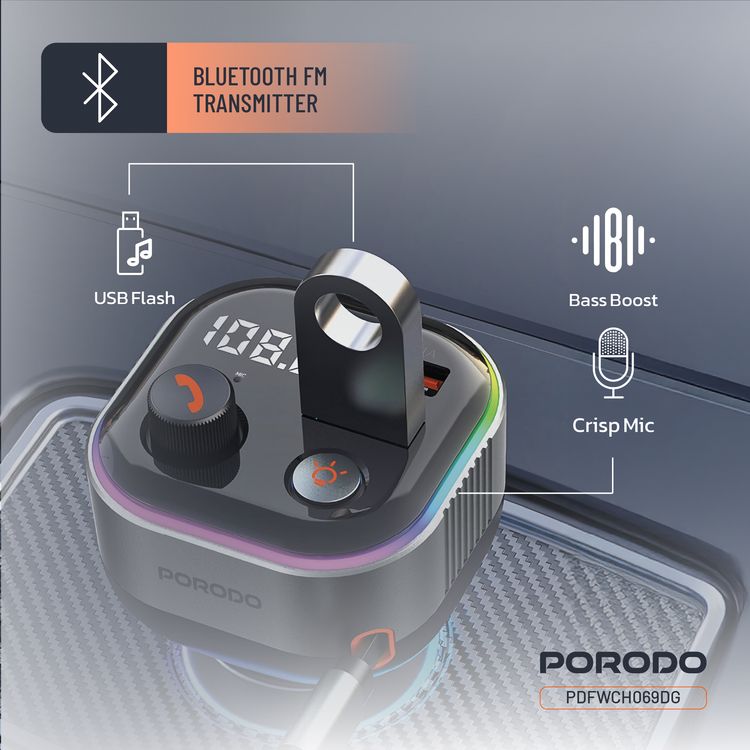 Porodo Audio Boost Bluetooth FM Transmitter Quick-Charge Car Charger with 65W PD, USB-A & USB-C Outputs, USB Flash, 80cm Retractable Type-C Cable, 87.5-107.8 FM Frequency, LED Ambient Lighting, Universal Compatibility - Dark Gray