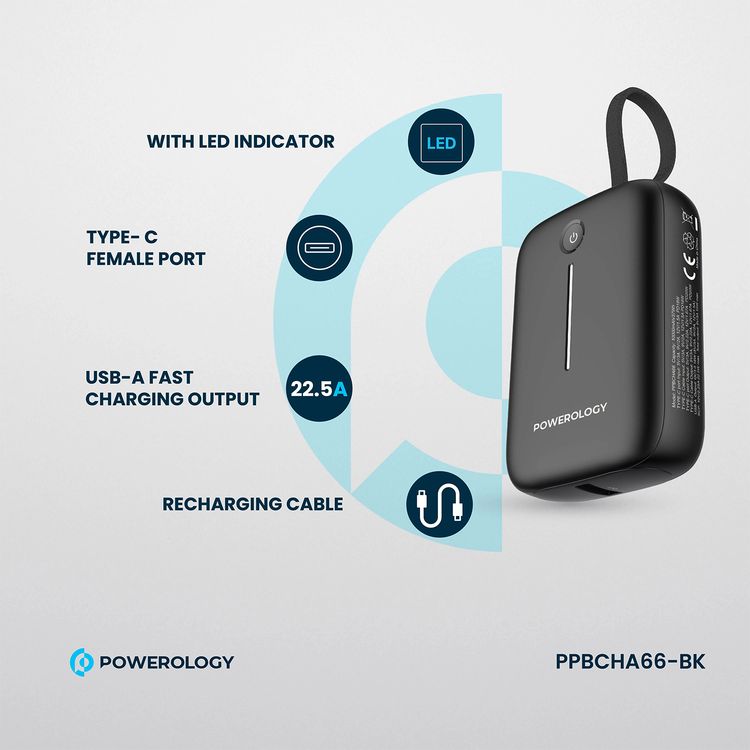 Powerology 10000mAh Power Bank with Detachable USB-C Wire, 20W Power Delivery, 3-Device Charging, Long Time Standby, Universal Phone Compatibility, Built-in Safeguards - Black