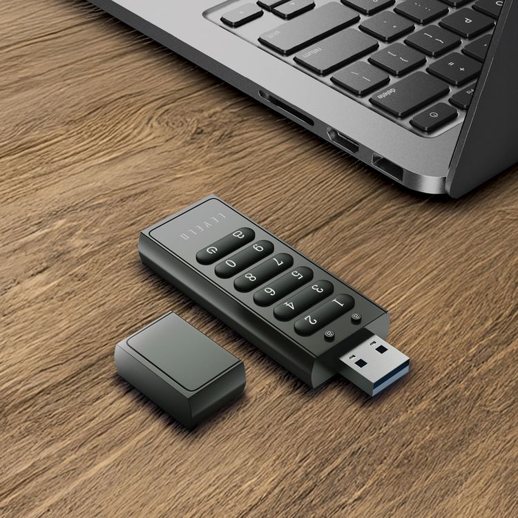 Levelo Lockvault Digital 128GB Encrypted USB Flash Drive with USB-A 3.1 Gen 1 Connector, 160MB/s Reading Speed, 120MB/s Writing Speed, AES256 Encryption Method - Gray