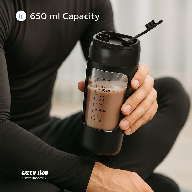 Green Lion Protein Mixer with 650mL Capacity, 1200mAh Battery Capacity, Tritan + ABS + PP Material, Type-C Charging Port,  2.5 Hours Charging Time, 30 Minutes Working Time - Black