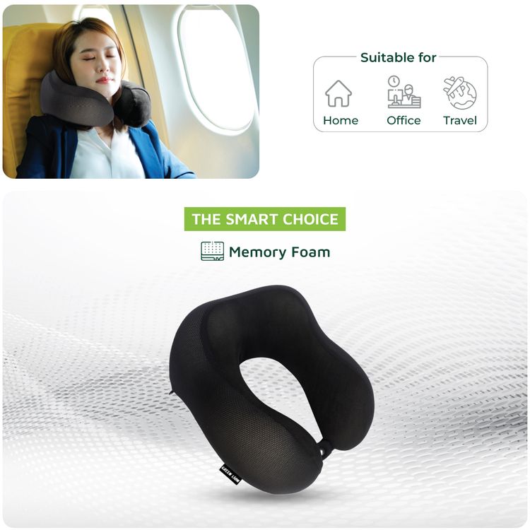 Green Lion Memory Foam Neck Pillow with Polyester Material, Upgraded Design, Lightweight, Breathable, Suitable for Daily Commute - Black