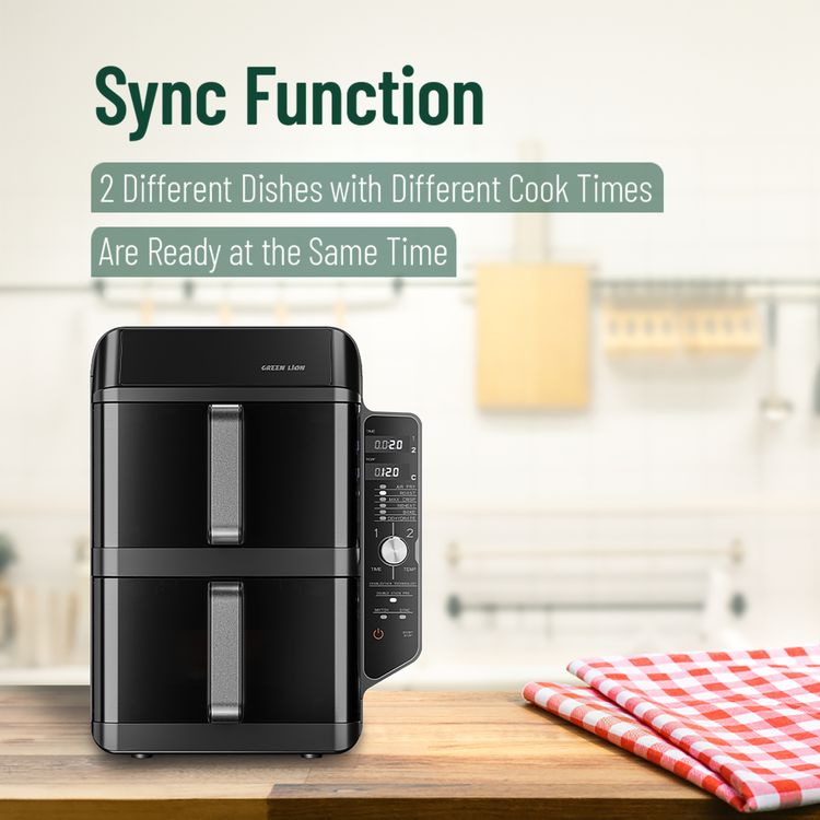 Green Lion Double-Decker Pro Digital Air Fryer with 2× 5.6L Capacity, 6 Preset Programs, 2400W Power, PP + Aluminum + ABS & PC Material, 0-60 Minutes Frying Time, Up to 230°C Temperature, BS Plug 90cm Power Cord, LED Touch Display - Black