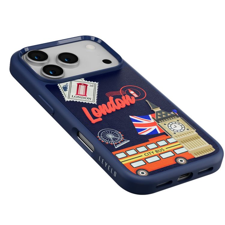 Levelo Vallo PU Leather Case for iPhone 17 Pro with Embroidery London Finish, Comfortable Hold, Durable PU Leather, Raised Bezels for Camera and Screen, True Microfiber Interior Lining, Scratch & Wear Resistant, Shock-Resistant Bumper - Cobalt Blue