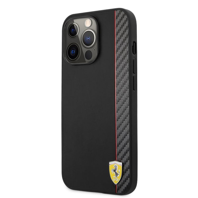 CG MOBILE Ferrari Hard Case PU Smooth & Carbon Effect Vertical Stripe Metal Logo Compatible for iPhone 13 Pro (6.1") Anti-Scratch, Easy Access to All Ports