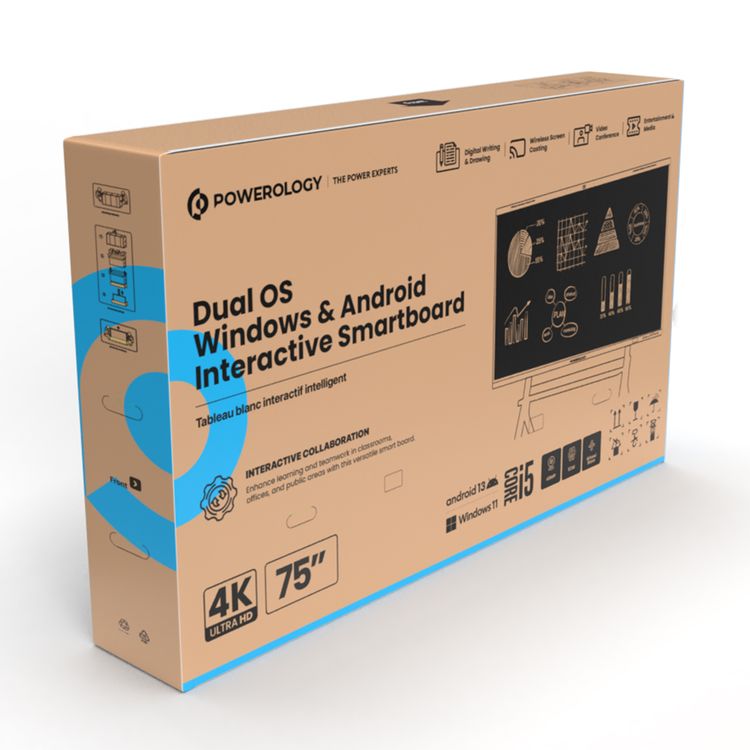 Powerology Dual Windows & Android Interactive Smartboard, 75" Screen Size, 16GB RAM, 256GB Storage, Bluetooth V5.0, Digital writing & Drawing, 500W Power, Wireless Screen Casting - Black