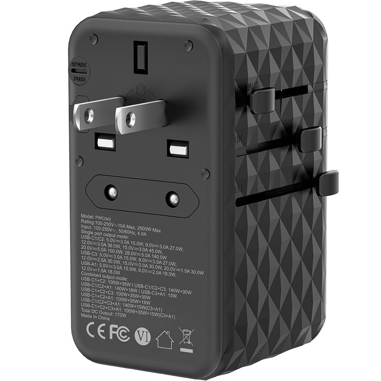 Powerology GaN 170W Universal Charger with 4 Fast Charging Ports & AC Sockets, 140W Power Delivery, Simultaneous Charging, 2500W Rated Power, Spare Fuse Included - Black