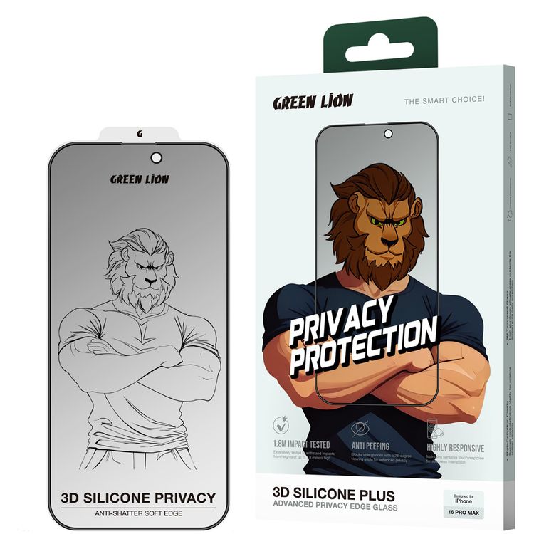Green Lion 3D Silicone Plus Advanced Privacy Edge Glass for iPhone 16 Pro Max, Crystal Clear, Bubble Free, Anti Scratch, Highly Responsive, Anti Fingerprint, Grease Resistance - Black