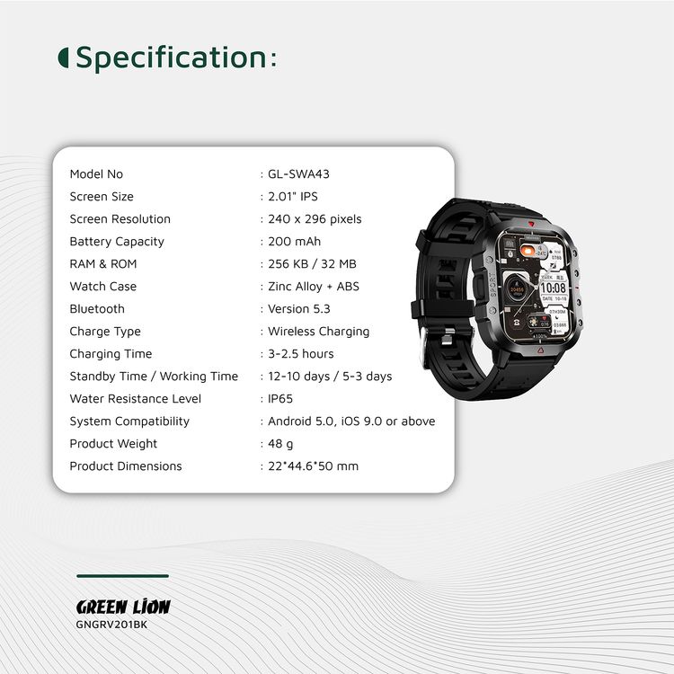 Green Lion Gravix Smart Watch with Multiple Sport Modes, 200mAh Battery Capacity, Remote Capture, IP65 Water Resistance Level, Bluetooth Version 5.3, Heart Rate Monitor  - Black 