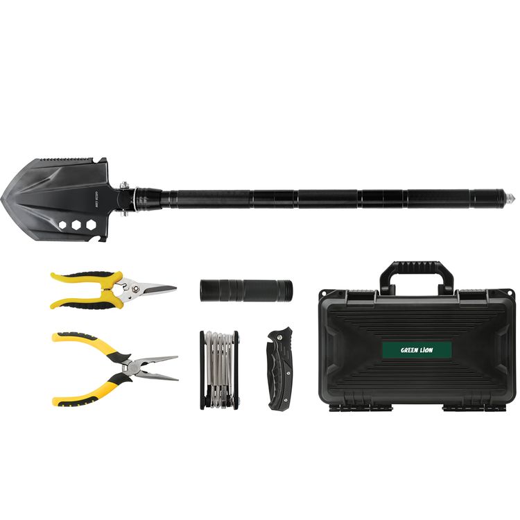 Green Lion Survival X9 Outdoor Tool Kit with Multi-Tool Knife, Foldable Shovel, Easy to Carry, Camping Friendly, 3 Flashlight Modes - Black