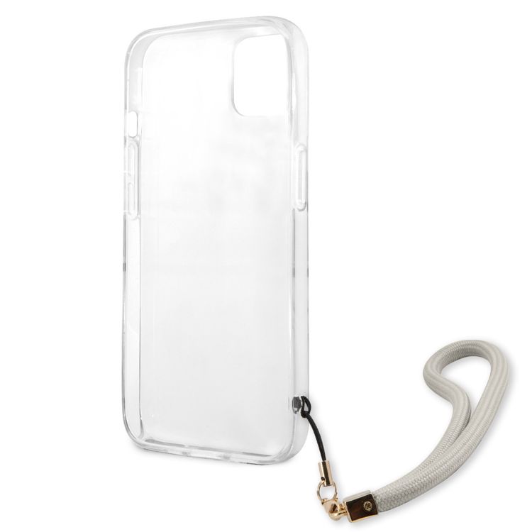 CG MOBILE Guess PC/TPU Case Marble Design & Stripe with Anti-Lost Nylon Strap for iPhone 13 (6.1") Shock Absorption & Drop Protection Suitable with Wireless Chargers Officially Licensed Gray