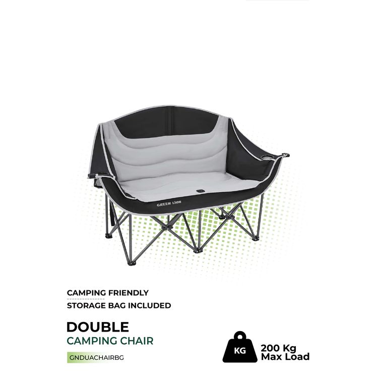Green Lion Double Camping Chair, 600D Oxford Fabric + Steel Pipe Material, Camping Friendly, Safety Lock, Foldable Design, Easy Setup, Juice Glass Holders  - Gray / Black
