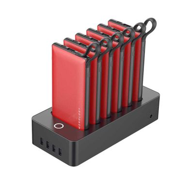 Powerology 6 in 1 Power Bank Station 10000mAh With Built-in Cable, Portable Power Bank, 1 Rapid Recharging Station, Type C Charging Ports - Red 