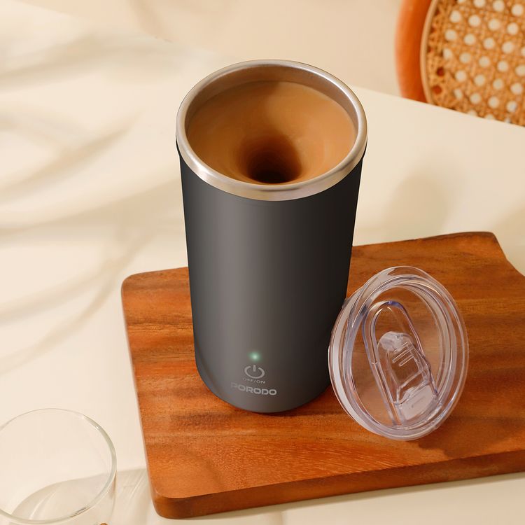 Porodo Lifestyle Auto-Stirring Insulated Mug with 400mL Capacity, Anti-Slip Base, 300mAh Battery Capacity, 120-Seconds Mixing Time, Auto-Stop - Black