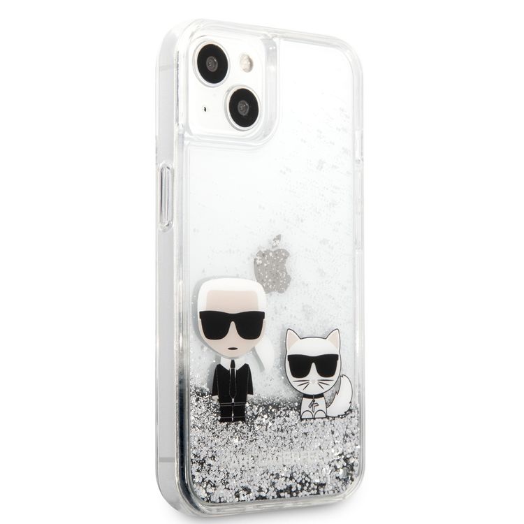 CG MOBILE Karl Lagerfeld Liquid Glitter Case Karl And Choupette Head Compatible for iPhone 13 Mini (5.4") Easy Access to All Ports, Scratch Resistant, Drop Protection Back Cover
