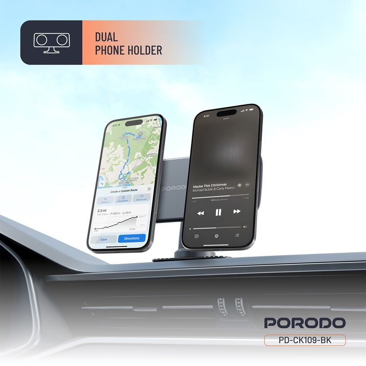 Porodo Vacuum & Adhesive Magnetic Car Mount with Dual Phone Holder, 360° Full Rotation, 350g Load Weight, N52 Magnet Type , Vacuum Suction Cup, Nano-Adhesive Stand Mount Types, Adjustable Arm, Rotatable Ball Joint - Black