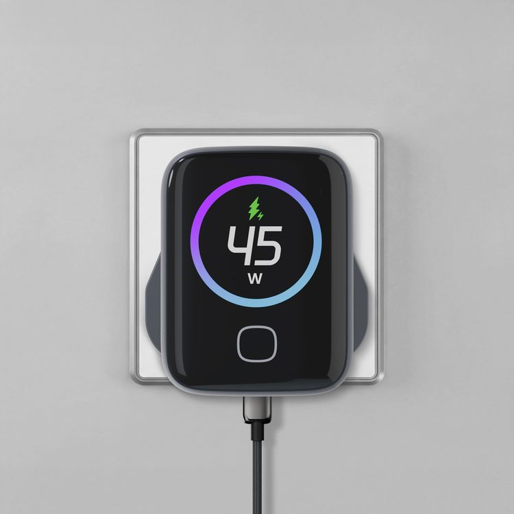 Powerology Voltflow 45W AVS GaN Wall Charger with 1m USB-C to USB-C Cable, 480Mbps Data Transfer Speed,  25°C to 50°C Operating Temperature, 110-240V Rated Voltage, Smart TFT Display, Rapid Power Delivery, PC Material - Gray