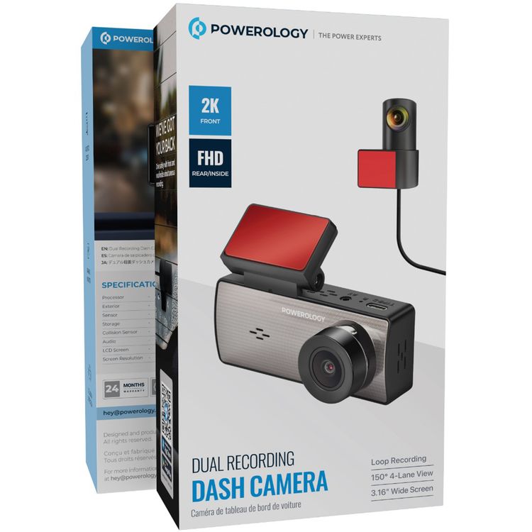 Powerology Dual Recording Dash Camera, Built-in Microphone & Speaker, 150° 4-Lane View, Collision Detection, 3.16" Wide Screen, Patented Design, Loop Recording, Parking Monitor, Type-C Charging Port, MP4 Video Format & JPG Photo Format - Black